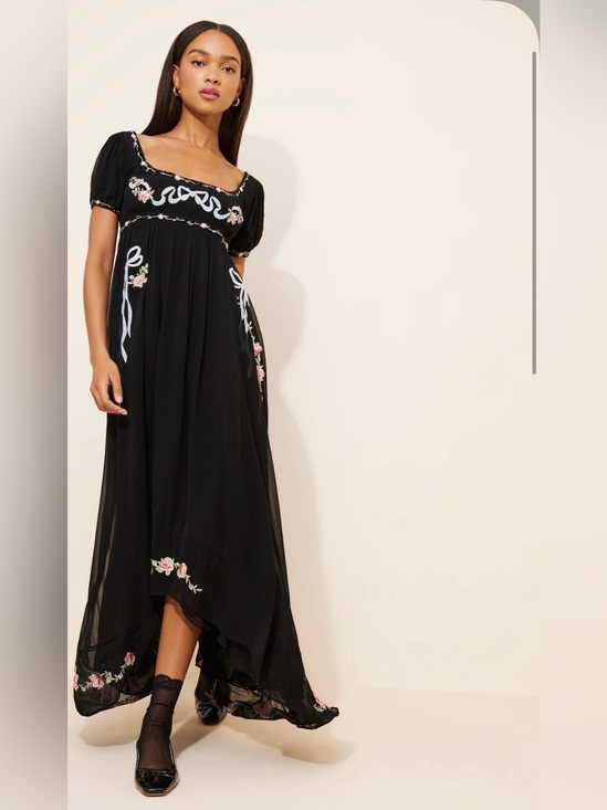 For Love And Lemons Dresses & Skirts - For Love & Lemons Rosemarie Black Maxi Dress with Pink Floral & Bows Embroidery